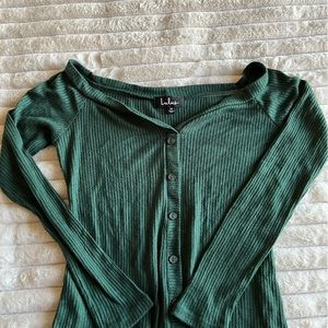 Dark Green Button Front Off The Shoulder Long Sleeve Top